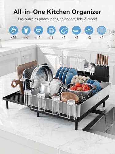 SUNLY Large Dish Drying Rack, Expandable Dish Racks for Kitchen Counter, Space Saving 304 Stainless Steel Drying Rack Kitchen, Extra Large Drainer with Multifunctional Flip Up Pegs, Black - Image 2