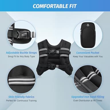 ZELUS Weighted Vest, 6lb/8lb/12lb/16lb/20lb/25lb/30lb Weight Vest with Reflective Stripe for Workout, Strength Training, Running, Fitness, Muscle Building, Weight Loss, Weightlifting, Black(20 lb) - Image 3