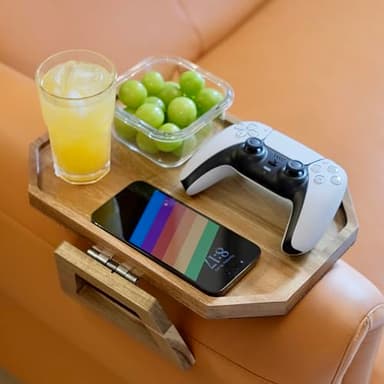 ZMARKRAFT Premium Acacia Wood Sofa Arm Tray Table for Couch | Clip on Food Tray for Wide Armrest | Anti-Slip Wooden Armchair Folding Table for Drinks and Snacks, Remote Controls, Phone (Classic) - Image 1