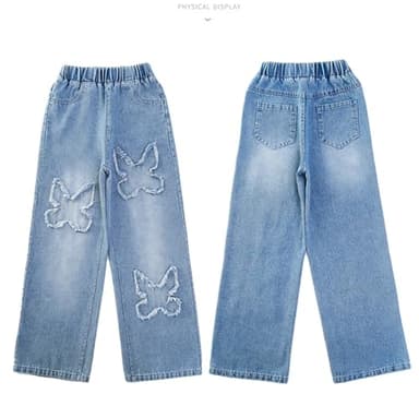 NABER Kids Girls Lovely Butterfly Wide Leg Jeans Washed Denim Pants Baggy Jeans Age 5-14(Blue14,13-14 Years) - Image 4