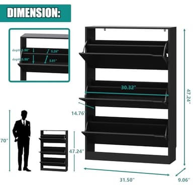 Xixini Shoe Storage Cabinet for Entryway with 3 Flip Drawers, Sturdy Wood Hidden Shoe Storage, Freestanding Narrow Slim Shoe Organizer for Front Door Entrance, Living Room, Hallway, Bedroom, Black - Image 2