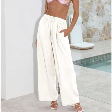 Duyang Womens Cotton Linen Palazzo Pants Drawstring Elastic Waist Casual Wide Leg Trousers with Pockets(Apricot,S) - Image 3