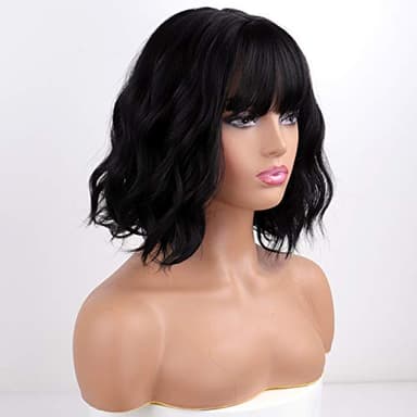 MISSQUEEN Short Wavy Black Wig with Bangs, Short Black Bob Wigs for Women, Wavy Bob Wig with Bangs Synthetic Natural Looking Heat Resistant Fiber Wigs - Image 3