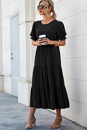 PRETTYGARDEN Summer Dresses for Women 2025 Casual Floral Boho Midi Sun Dress Puff Short Sleeve Flowy Beach Vacation Sundress (Solid Black,Small) - Image 4