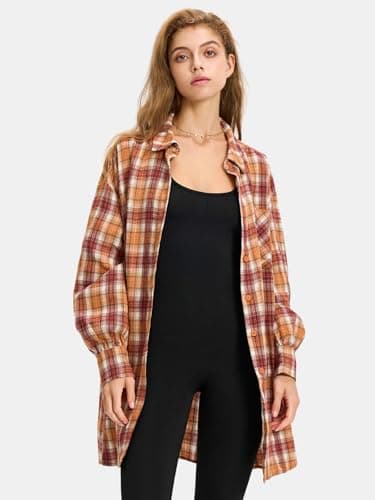 EXLURA Womens Plaid Flannel Shacket Long Sleeve Button Down Shirts Long Jackets Oversized Spring Fashion Outfits 2025 Clothes Orange Red - Image 3