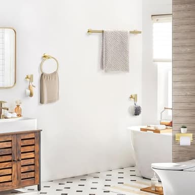 TQKAG 5 Piece Bathroom Towel Bar Holder Sets Brushed Gold Bathroom Hardware Set Stainless Steel Toilet Paper Holder with Shelf Bathroom Accessories Kit Wall Mounted - Image 6