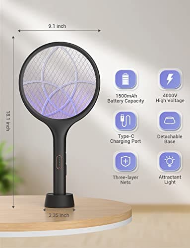 YISSVIC Electric Fly Swatter 4000V Bug Zapper Racket Dual Modes Mosquito Killer with Purple Mosquito Light Rechargeable for Indoor Home Office Backyard Patio Camping - Image 2