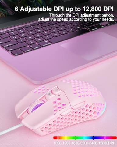 SOLAKAKA SM900 Pink Wired Gaming Mouse with Honeycomb Shell,12800 DPI,7 Programmable Buttons,Lightweight Gaming Mice Ergonomic Computer Mouse Gaming for Windows/PC/Mac/Laptop Gamer - Image 3
