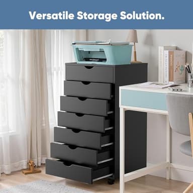 OLIXIS 7 Drawer Mobile File Cabinet Under Desk Storage Organization with Wheels Vertical Filing Chest Rolling Wood Small Desk Printer Stand for Home Office, 15.75"D x 18.74"W x 34.25"H, Black - Image 5