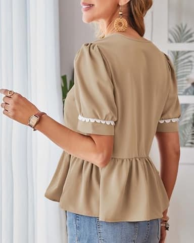 Cakulo Peplum Tops for Women 2025 Babydoll Summer Short Puff Sleeve V Neck Flowy Ladies Top Blouses Khaki S - Image 4