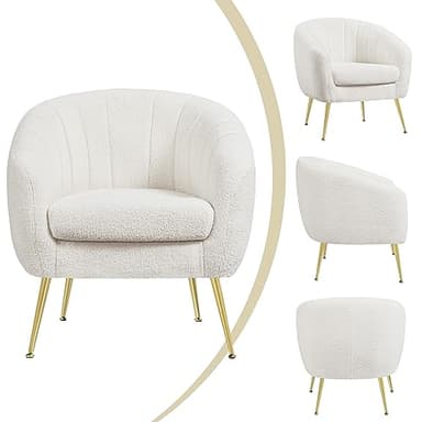 Yaheetech Sherpa Fabric Accent Chair, Modern Cozy Vanity Chair with Gold Metal Legs, Boucle Fabric Armchair with Removable Seat Cushion for Living Room Bedroom Office Guest Room, Ivory - Image 7