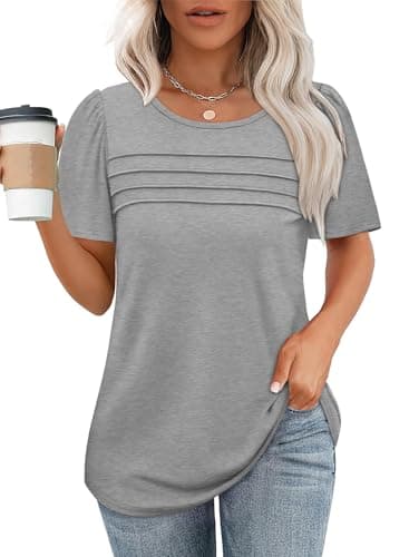 Summer Tops for Women Short Sleeve Shirts Dressy Business Casual Ladies Blouses Cute Pleated Plus Size Women's Clothing Tshirts Grey 3XL - Image 2