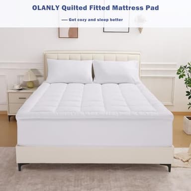 OLANLY Queen Quilted Fitted Mattress Pad – Soft Pillow Top Mattress Topper, Down Alternative Fill, Cooling Comfort Breathable Mattress Cover, Machine Washable Deep Pocket Mattress Protector, White - Image 9