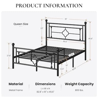 SHA CERLIN 14 Inches Queen Size Metal Platform Bed Frame/Vintage Iron-Art Headboard and Footboard/Mattress Foundation for Storage/No Box Spring Needed/Noise-Free/Easy Assembly/Black - Image 2