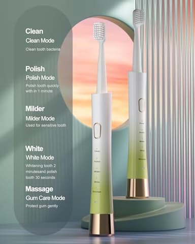 Upgrade Sonic Electric Toothbrush for Adults, 8 Replacement Brush Heads, Rechargeable Electric Toothbrush with 2-Minutes Timer IPX7 Water-Proof, for Indoor & Outdoor, White & Green Gradient - Image 2