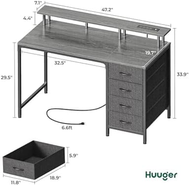 Huuger 47 Inch Computer Desk with Power Outlets and LED Lights, Gaming Desk with 4 Drawers, Office Desk with Monitor Stand, Study Desk Work Desk for Home Office, Small Spaces, Gray - Image 4