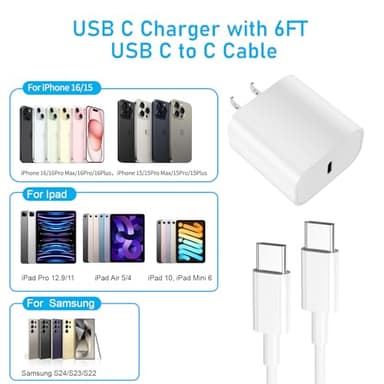 iPhone 17 16 15 Fast Charger, 2 Pack 20W Fast Charging Wall Charger USB C Charger Block with 6FT USB C Cord Compatible with iPhone 17/17 Pro Max/17 Pro/17/16/15/iPad Pro 12.9 and More - Image 5