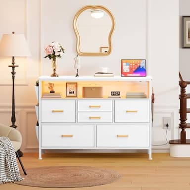 YITAHOME Dresser TV Stand for 45'' TV, 6-Drawer Dresser with Power Outlet and LED Light, Wide Drawer with Metal Handle, White with Shelves and PU Finish - Image 5