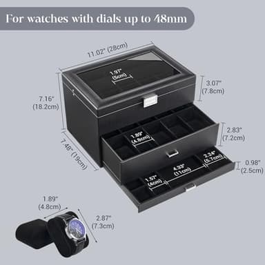 ProCase 20 Slot Watch Box for Men, 3-Layer Watch Display Case with Glass Lid, Watch Holder with Drawer, Jewelry Storage Organizer for Watches Straps Rings -AllBlack - Image 7