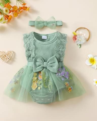 Renotemy Preemie Baby Girl Sage Green Romper Flower Tulle Dress Boho Summer Sleeveless Premature Baby Clothes Girl Baptism Wedding Party Christening Dresses Baby Shower Gifts Photography Outfit - Image 3