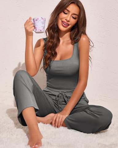 Ekouaer Womens 4 Piece Lounge Sets Ribbed Knit Crop Tank Top and Shorts Pants Casual Outfits Dark Grey - Image 3