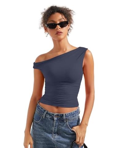 SUUKSESS Women Off Shoulder Tops Sleeveless Shirts Y2K Trendy Going Out Crop Tank Top (Navy Blue,XS) - Image 5