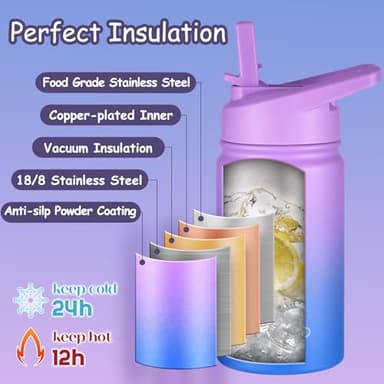 Mininoo Insulated Kids Water Bottle, 12 oz Stainless Steel Water Bottle Kids with Straw Lid and Chug Lid for Girls, Boys (Purple/Blue) - Image 6