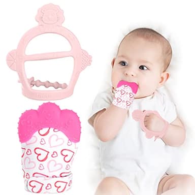 Vicloon Silicone Teething Mitt, 2Pcs Teething Mitten with Adjustable Strap, Crinkle Sound and Textured, Self Soothing Baby Chew Toys for 0-6month Infant - Image 1