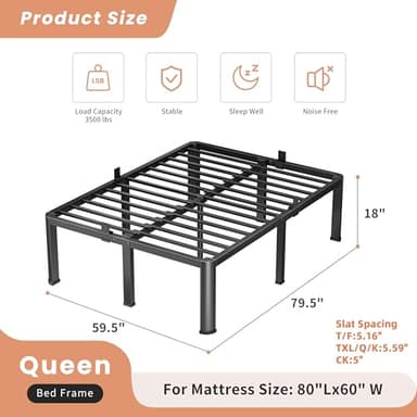 VIPSHOW 18 Inch Queen Heavy Duty 3500 lbs Bed Frame with Round-Corner Legs & Anti-Squeak Design – Quick Assembly Metal Platform, No Box Spring Needed - Image 3
