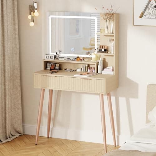 IKALIFE Fluted Makeup Vanity Desk with Mirror and Lights, 3 Color Modes & Adjustable Brightness Dressing Table, Small Vanity Table Set with 2 Drawers & Storage Shelves for Bedroom, Oak 31.5" - Image 1