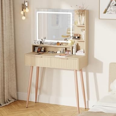 IKALIFE Fluted Makeup Vanity Desk with Mirror and Lights, 3 Color Modes & Adjustable Brightness Dressing Table, Small Vanity Table Set with 2 Drawers & Storage Shelves for Bedroom, Oak 31.5" - Image 1