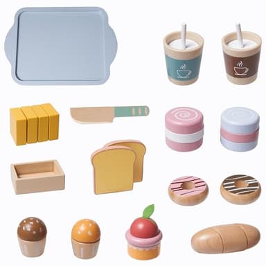 MONT PLEASANT 21pcs Wooden Breakfast Set Kids Pretend Play Toy Kitchen Accessories, Toddler Kitchen Playset with Coffee, Dessert, Cutting Bread, Butter, Wooden Toy Food Set Boys & Girls Birthday Gift - Image 7