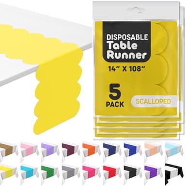 Yellow Plastic Disposable Table Runner. 5 Pack 14 x 108 inch. Scallop Table Runner Adds A Pop of Color To Your Party Table, by Swanoo - Image 1