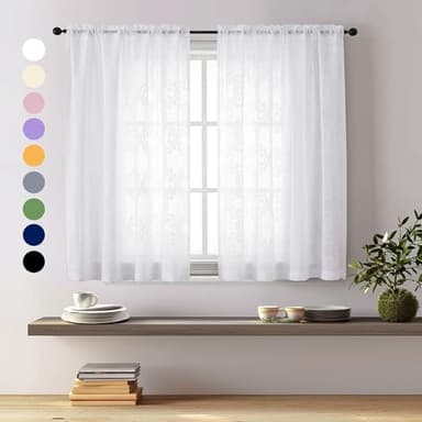 Aiyufeng Sheer White Curtains 45 Inch Length for Bedroom Living Room, Soft-Touch Lightweight & Breathable Textured Fabric Semi Sheer Short Curtains for Windows, 28Wx45L Inch, 2 Panels - Image 1