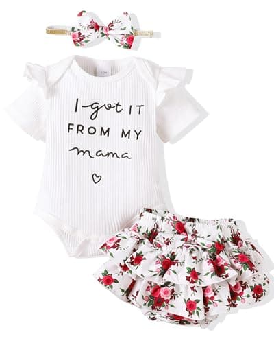 Mioglrie Baby Girl Clothes 12-18 Month Infant Summer Outfits Newborn Ruffle Sleeve Rompers White Floral Skirt Shorts Set Cute Baby Girls' Clothing - Image 1