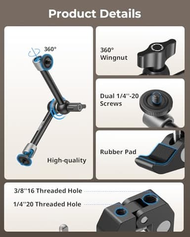 SMALLRIG Clamp w/ 1/4" and 3/8" Thread and 9.8 Inches Adjustable Friction Power Articulating Magic Arm with 1/4" Thread Screw for LCD Monitor/LED Lights - KBUM2732B - Image 2