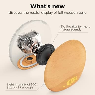HOUSBAY Sunrise Alarm Clock Sound Machine, Wake Up Light- Soothing Sleep Sounds, Gentle Sunrise Alarm, Dimmable Night Light, Digital Clock & White Noise for Sleeping, Bedroom (Full Wooden Tone) - Image 5