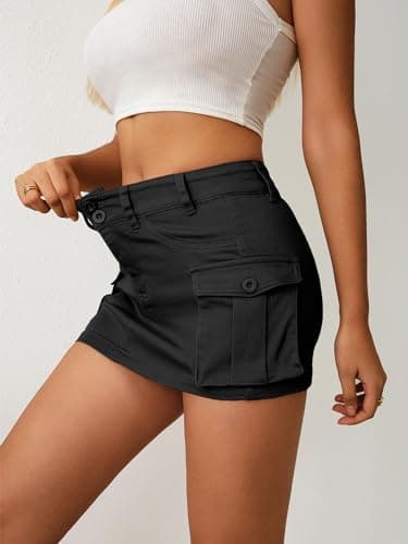 ELLEVEN Mini Cargo Skirts for Women High Stretchy, Low Waist Y2k Skirt Button Cute Denim Bodycon Jean Skirt with Pocket Black Medium - Image 3