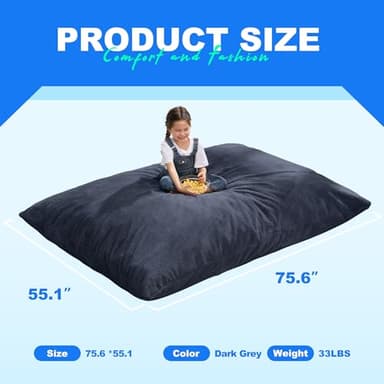 Hobestluk 3 in 1 Bean Bag Chair Giant Bean Bag Chairs for Adults with Plush Faux Fur Cover Convertible Bean Bag Floor Cushion with Machine Washable Cover for Living Room (Plush Dark Grey) - Image 2