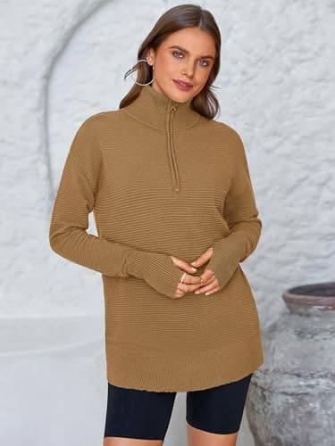PRETTYGARDEN Womens Long Sleeve Quarter Zip Pullover Sweater Casual Loose V Neck Collared Ribbed Knit Jumper Tops Thumb Hole(Khaki,Small) - Image 4