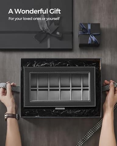 SONGMICS Watch Box, 12-Slot Watch Case Organizer with Large Glass Lid, 2 Layers, Removable Pillows, Metal Lock, Gift for Loved Ones, Black Synthetic Leather, Gray Lining UJWB012 - Image 7