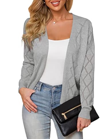 Plusashion Women's Lightweight Cardigan Open Front Long Sleeve Hollow Out Sweaters, Light Grey-L - Image 1