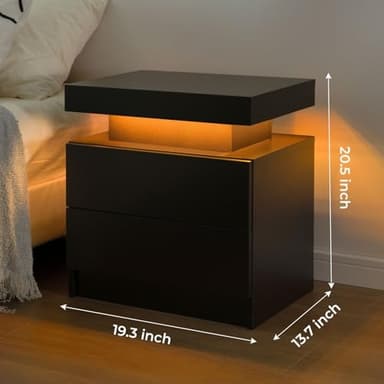 i-aplus Nightstand Set of 2 LED Nightstand with 2 Drawers, Bedside Table with Drawers for Bedroom, Side Bed Table with LED Light, Black - Image 2