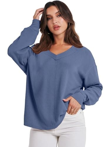 ANRABESS Oversized Long Sleeve Shirts for Women Off the Shoulder Sweatshirt Loose V Neck Tunic Tops High Low Sweater 2025 Small Grey Blue - Image 9