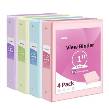 SUNEE 3 Ring Binder 1 Inch 4 Pack, Clear View 1" Binders Three Ring PVC-Free (Fit 8.5x11 Inches) for School or Office Supplies, Assorted Pastel - Image 1