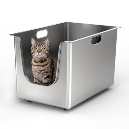 Stainless Steel Litter Box 13.7'' High Sides, XL Metal Cat Litter Box with Curved Low Entry, Cat Litter Pan for Big & Multiple Cats, Pet Toliet with Handy Wheels for Easy Moving - Image 1