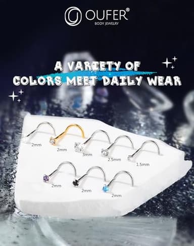 OUFER 925 Sterling Silver Nose Studs, Bone L Screw Shaped Nose Rings, 20G Nostril Solid 2mm Round CZ Nose Piercing Jewelry for Women Men-Screw Shaped Gold - Image 3