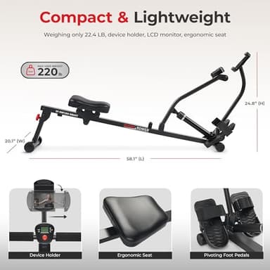 Sunny Health & Fitness Smart Compact Adjustable Rowing Machine, 12 Levels Adjustable Resistance, Complete Body Workout, Connect via Bluetooth with Exclusive SunnyFit App - SF-RW1205SMART - Image 5