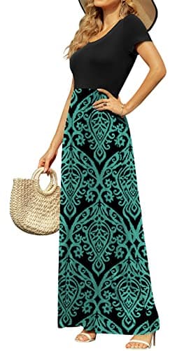 DB MOON Womens Casual Maxi Dresses Short Sleeve Empire Waist Long Dress for Beach with Pockets(Black and Blue Green, L) - Image 2