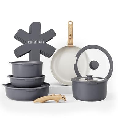 Country Kitchen Cookware Set with Removable Handle, Oven & RV Safe Pots and Pans Set, Grey/Ivory Wood Handle, Original - Image 1